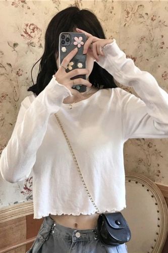 Ins super hot short T-shirt for women in spring, autumn and winter, high-waisted long-sleeved bottoming shirt, Korean style trendy navel-baring loose top