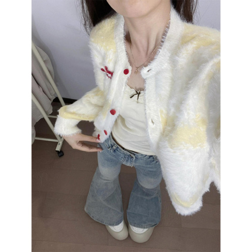 Designed bow gradient striped soft waxy sweater for women 2024 autumn and winter new loose imitation mink velvet sweater trend