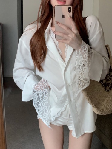 Fake two-piece white long-sleeved loose shirt women's summer lace splicing sun protection shirt mid-length temperament top