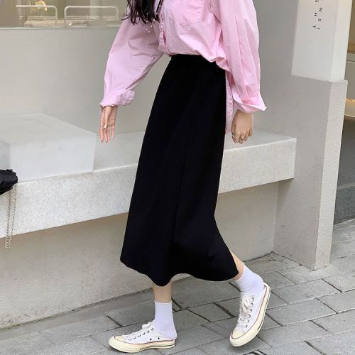 2024 spring and summer new skirt for women, hip-covering casual skirt, high-waisted, slimming, mid-length, hip-covering, slit A-line skirt