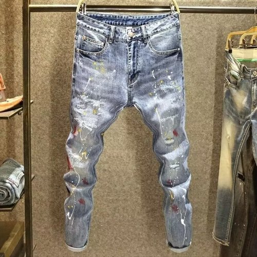 Can be returned or exchanged in second batch. Autumn trendy brand ripped jeans for men, Korean style slim fit pants with stylish personality.