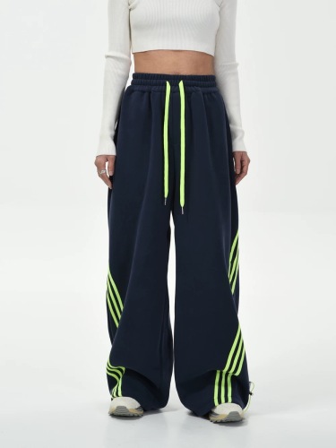 American street striped contrasting wide-leg pants and sweatpants for men and women retro elastic drawstring drape casual sports pants