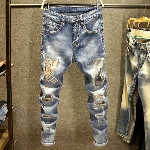 Can be returned and exchanged in second batch, spring and autumn denim blue men's printed trendy brand small-leg pants, Korean style trendy wear-resistant ripped trousers