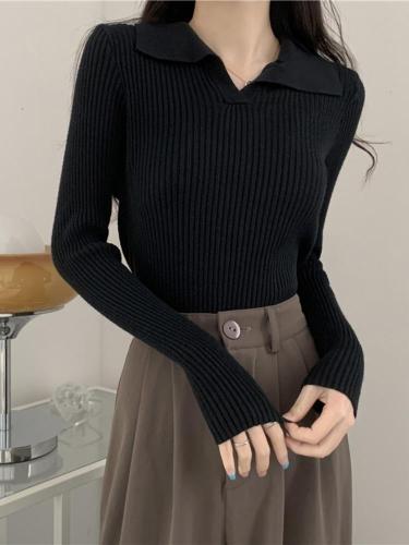 Black Polo Neck Knitted Women's Early Autumn New Korean Style Unique Design Slim V-Neck Top