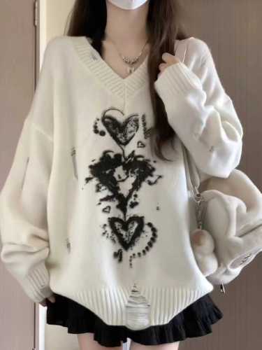 Lazy style sweater for women, autumn and winter design, niche loose slimming sweater with holes, hot girl style outer wear