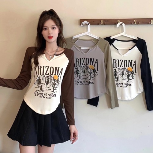 [3 colors] Large size long-sleeved t-shirt for women in autumn new v-neck bottoming shirt fat mm letter print inner short top