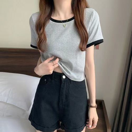 Contrast color round neck short-sleeved t-shirt for women 2024 new summer bottoming shirt Korean style slim short top trendy