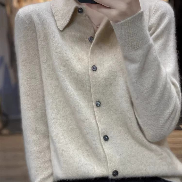 Spring 100 cashmere sweater women's cardigan shirt collar exquisite POLO collar long-sleeved sweater wool bottoming sweater