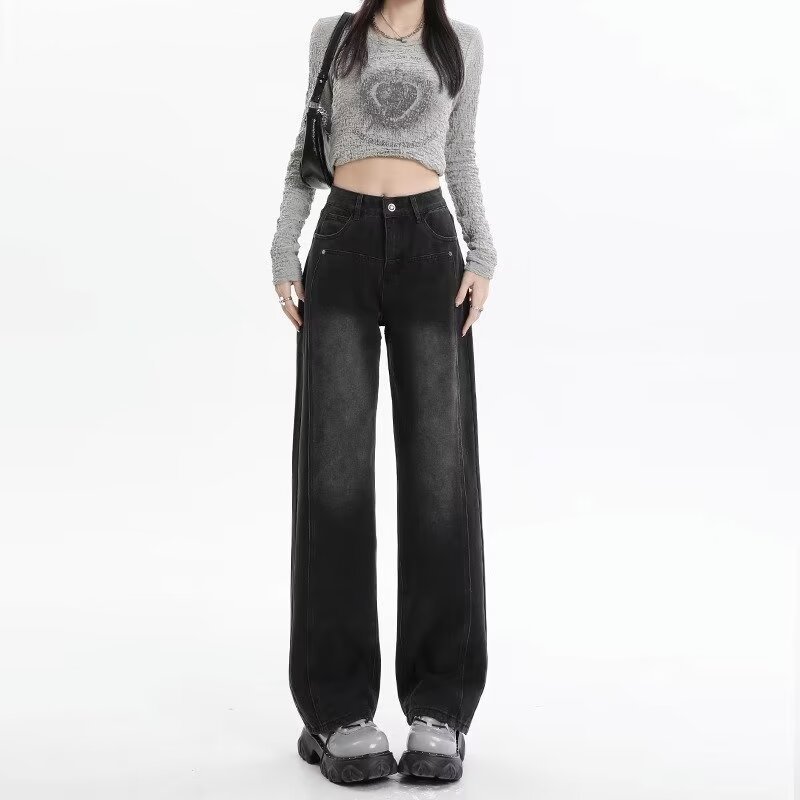 Straight-leg wide-leg jeans for women in summer, washed, distressed, high-waisted, American retro, simple, high-end, floor-length trousers