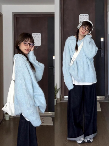 Korean baby blue pullover long-sleeved sweater for women in autumn, soft and lazy, loose and versatile, slimming knitted top