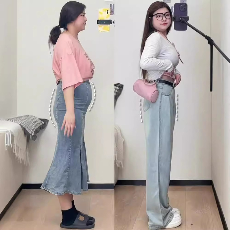 Light-colored straight jeans for women with fat mm pear-shaped figures, wide hips and thick legs, loose and slim floor-length wide-leg pants