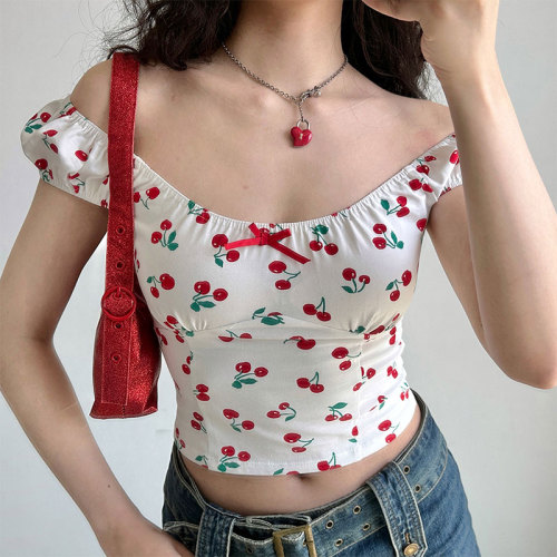 American sweet girl cherry print short-sleeved T-shirt for women summer new slim fit one-line collar design top