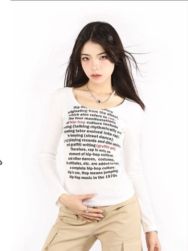 W339】Thread Thin Style】(Free version on all platforms) Spring and Autumn Thin Style Simple Sexy Long Sleeve T-shirt Women's Top