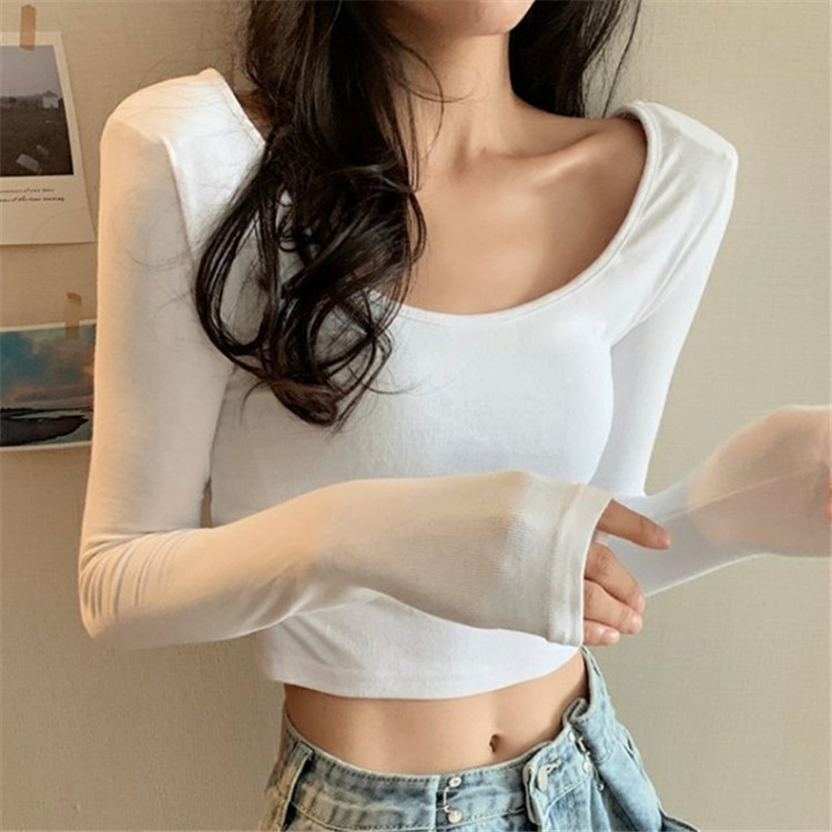 Autumn new women's bottoming shirt, short style, exposed navel, high waist, low round neck, fashionable long-sleeved T-shirt with inner thread