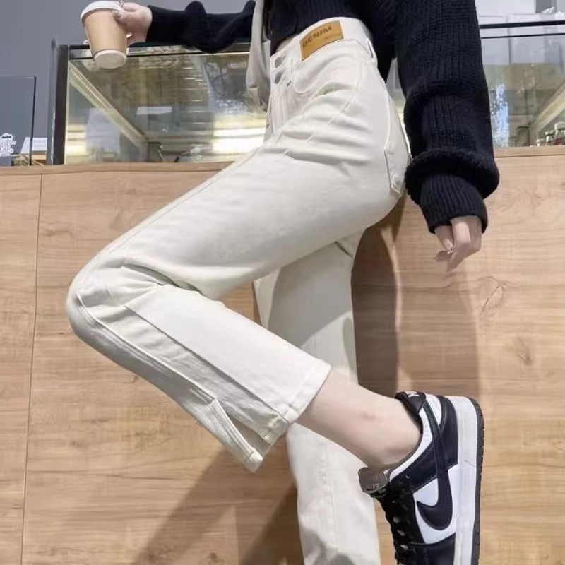 Small people's eight-point pants white slit jeans for women spring and autumn high-waist slim narrow version straight nine-point cigarette pipe pants