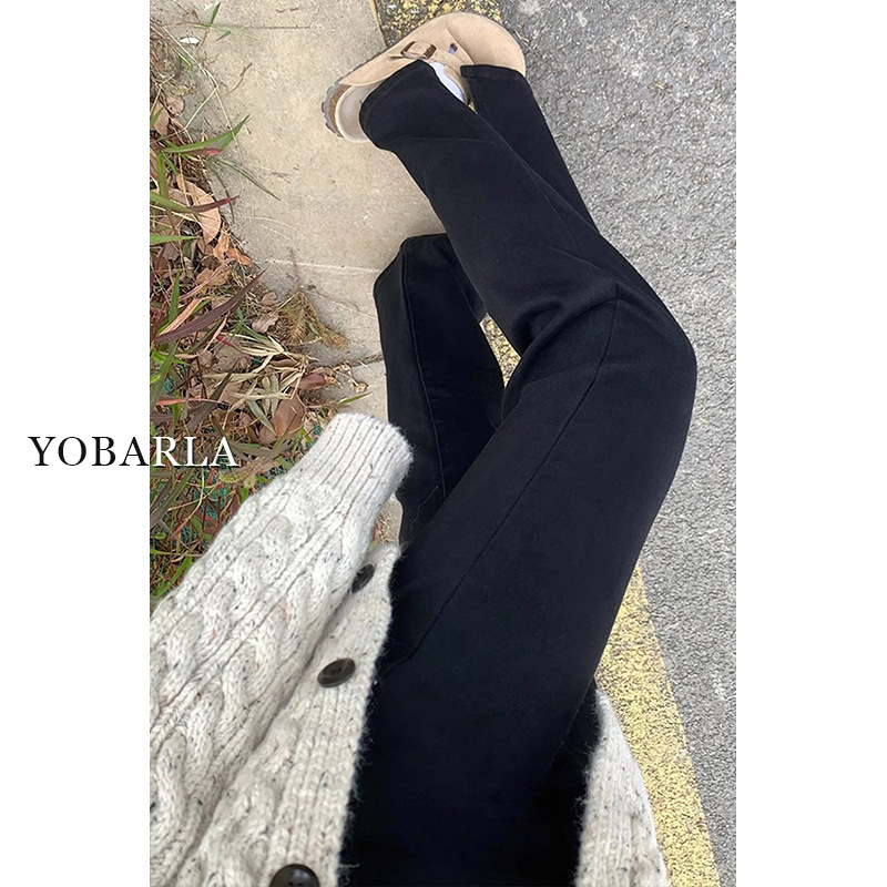 Black elastic slit micro-flare jeans for women in spring and autumn plus size fat mm high waist loose slimming pear-shaped body pants