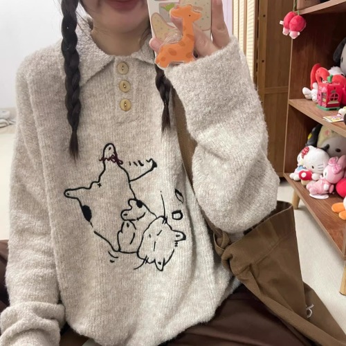 Retro fun kitten embroidered sweater for women autumn and winter new style lazy style loose casual versatile sweater jacket trend