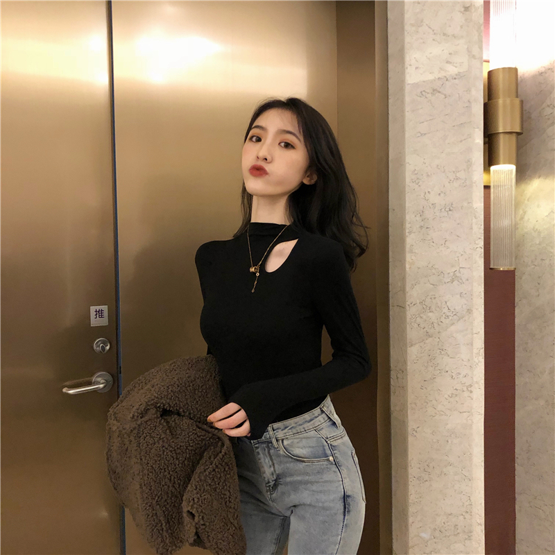 Autumn Korean style pure cotton top with collarbone exposed slim half turtleneck bottoming shirt