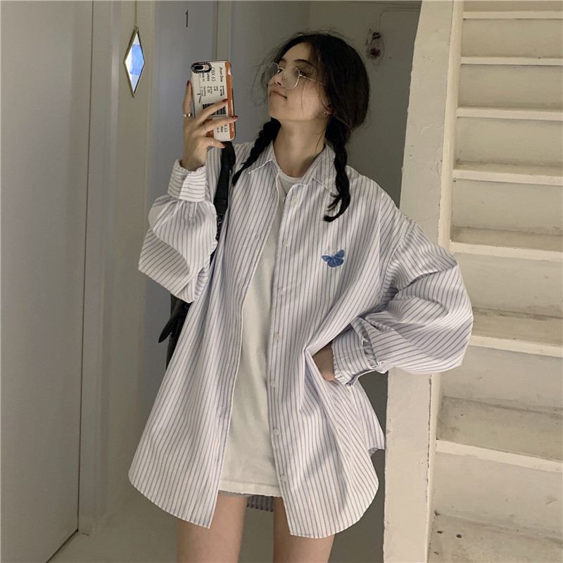 BF lazy style loose oversize butterfly embroidered striped shirt