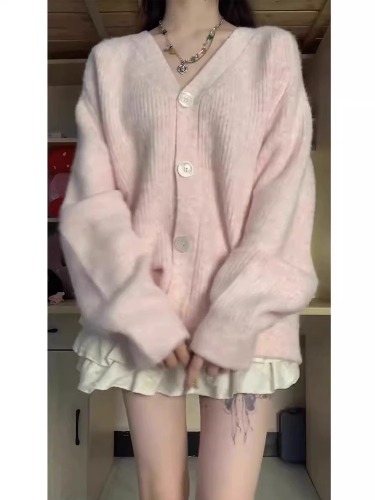 Pink V-neck Soft Waxy Cardigan Spring and Autumn Sweater Women's New Loose Lazy Gentle Wind Jacket Knitted Outer Top