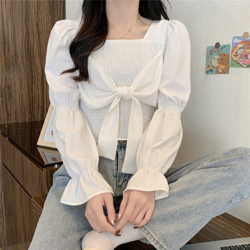 [Real shot] Autumn and winter square collar short shirt for women, slim and age-reducing bow long-sleeved versatile top