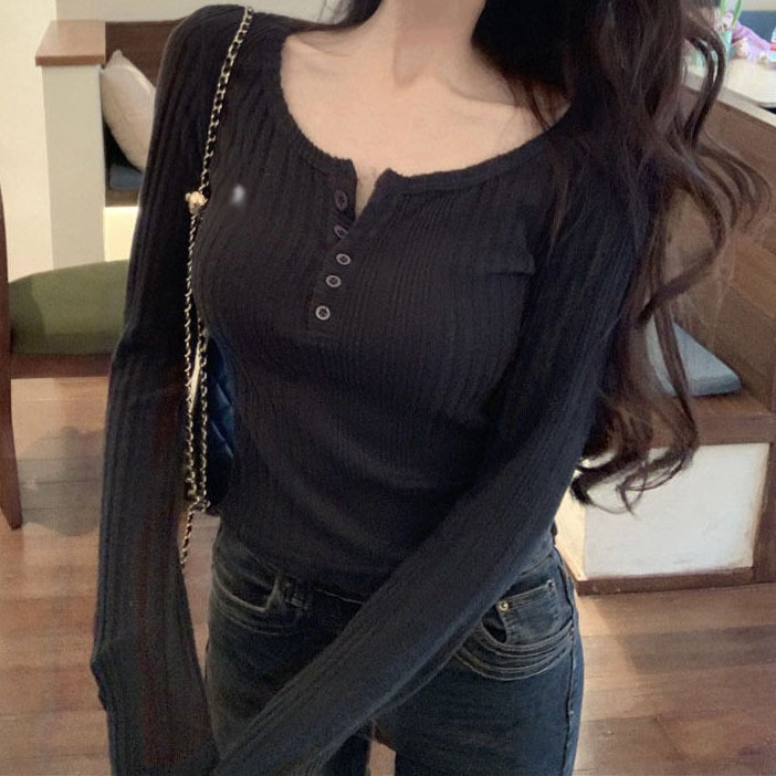 Pure lust hot girl style u-neck t-shirt for women spring and autumn new solid color short slim-fit bottoming shirt with temperament long-sleeved top