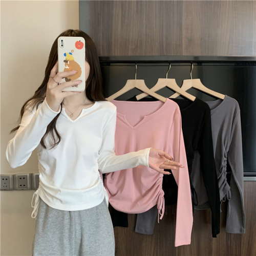 [4 colors] Autumn Korean style long-sleeved V-neck drawstring slimming versatile t-shirt short slim unique bottoming shirt top for women