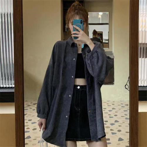 Corduroy shirt women's spring loose Korean version ins retro long-sleeved shirt design niche Hong Kong style Chic jacket