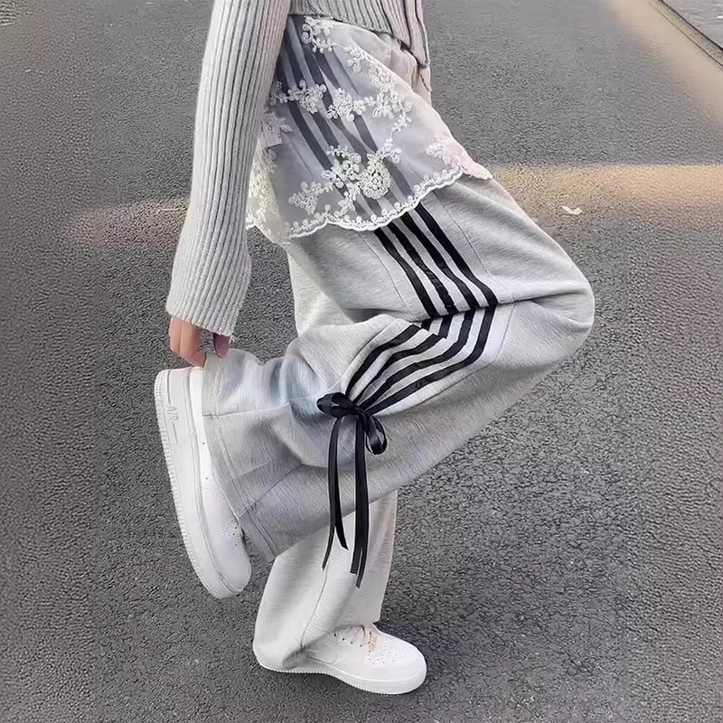 Black bow sweet cool sweatpants for women spring and autumn 2024 new casual straight wide leg pants sweatpants