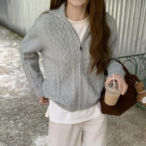 Korean style chic autumn and winter design niche zipper twist lapel sweater jacket women's gray sweater top