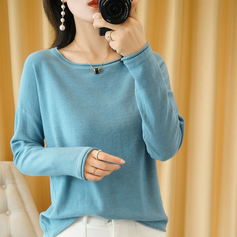 New round neck sweater for women solid color cotton loose pullover versatile small curled bottoming sweater large size