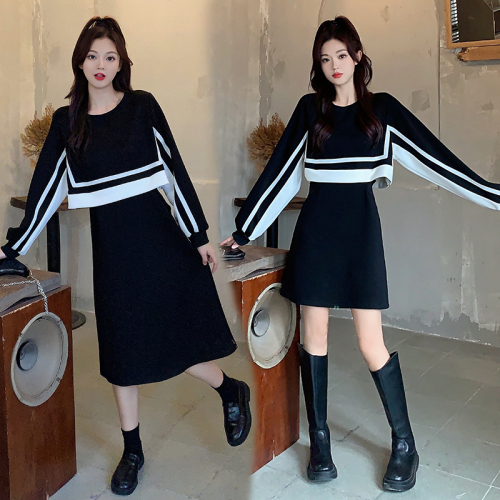 Morning Collar [Real Shot] Waist Slimming Skirt Autumn New Women's Clothing Contrast Color Splicing Mid-Length Fake Two-piece Dress