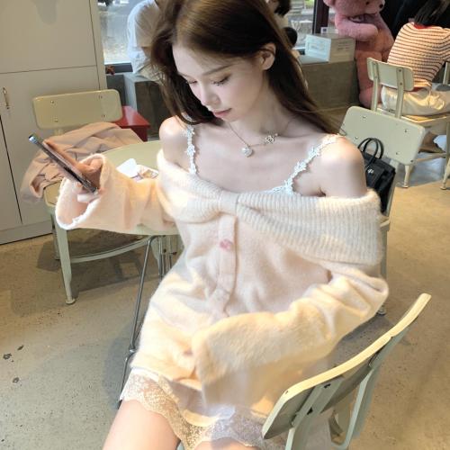 Sweet and Nuonuo sweater knitted jacket for women, lazy and high-end 2024 new bow top, early autumn