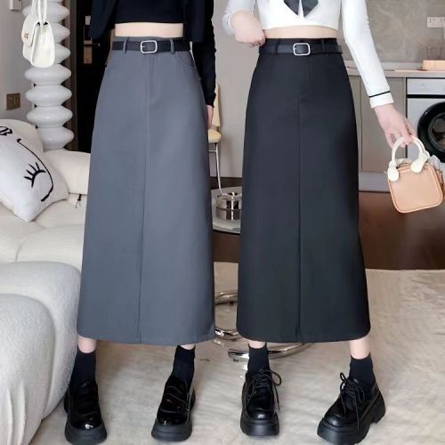 2024 Spring and Autumn High-end Suit Skirt Draping High Waist Slim Covering Hip Versatile Slit Covering Hips A-Line Long Skirt