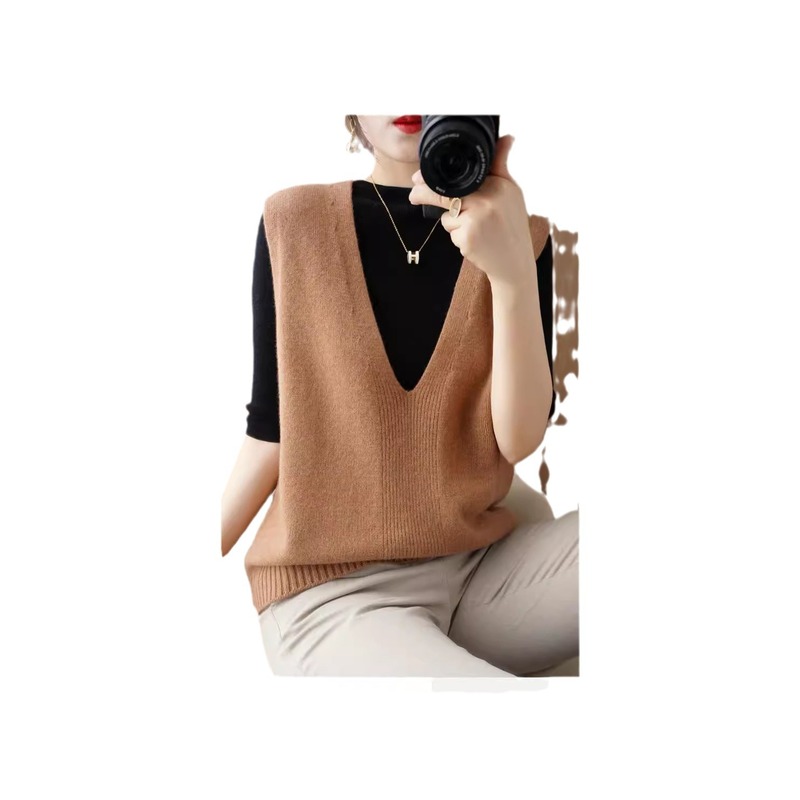 Vest vest jacket autumn and winter new style knitted women's sweater trendy Korean style deep V-neck loose vest outer wear