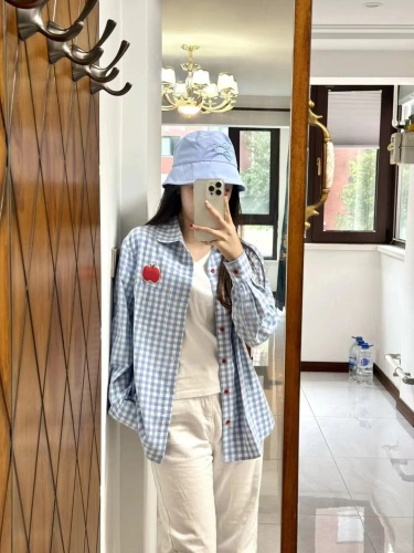 (original quality of pure cotton) blue plaid long-sleeved shirt for women spring and summer new style