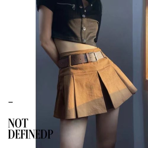 Brown American Retro Pleated Miniskirt Little Women Summer College Style High Waist Hot Girl A-Line Skirt