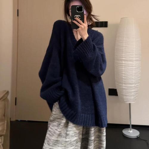 French blue v-neck pullover sweater for women, new Korean style autumn and winter style, loose and lazy style knitted top