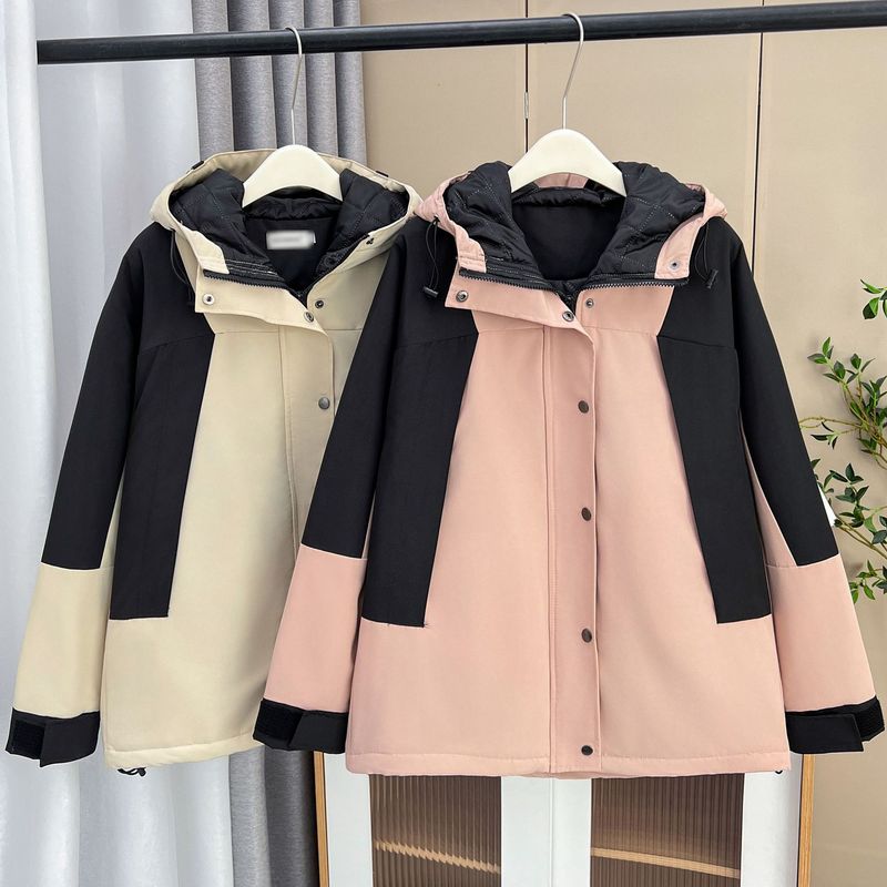 Autumn and winter 220 pounds fat MM loose color-blocked hooded quilted windbreaker large size women's casual warm jacket 1728