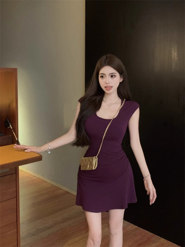 Sexy Hot Girl Purple U-neck Short Sleeve Dress Women's Summer Temperament Slim Skirt Showing Figure Waist A-Line Skirt