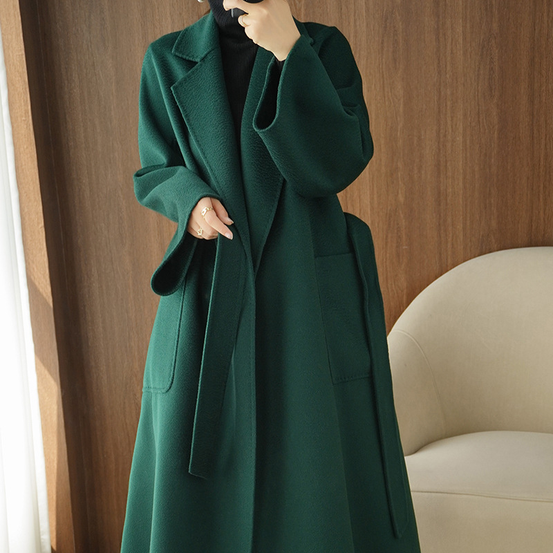 M same style water ripple coat for women autumn and winter mid-length loose double-sided cashmere coat Korean style lace-up wool coat