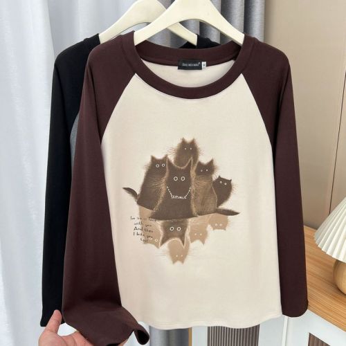 Autumn and winter 200 pounds fat girl raglan sleeve printed cartoon bottoming shirt large size women's casual warm inner wear 1643