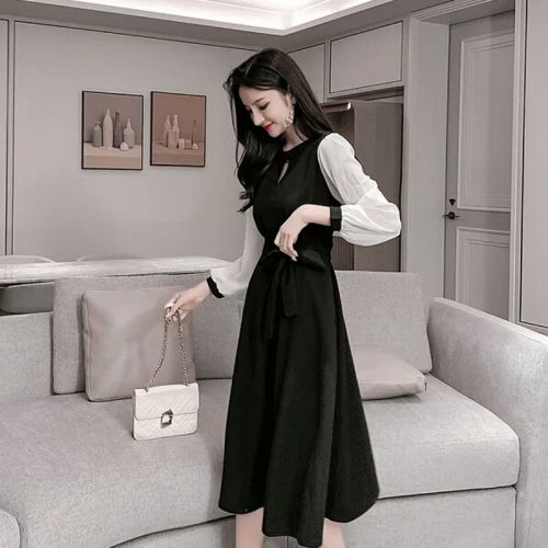 Morning collar long sleeve light mature style new autumn waist slimming little black skirt for women