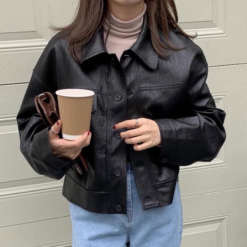Korean chic autumn niche handsome lapel single-breasted loose casual long-sleeved motorcycle wear leather jacket short jacket for women