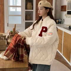 American retro diamond checkered baseball padded jacket for women in winter Korean style loose college style letter embroidered thickened jacket trendy
