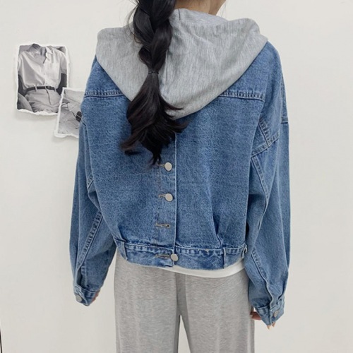 Early spring chic Korean style women's back button detachable hood short denim jacket 5505