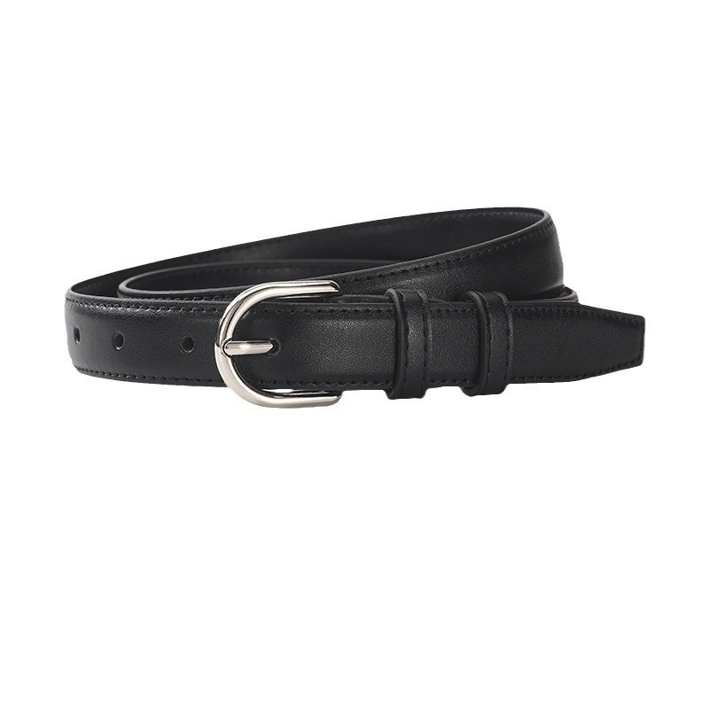 New Women's Belt Genuine Leather Fashion Casual Jeans Belt Women's Youth Versatile Trendy Trouser Belt Silver Buckle Black