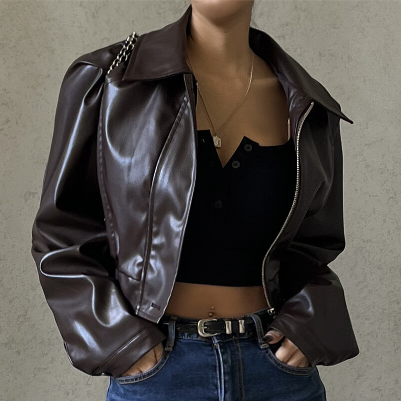 Foreign trade European and American clothing autumn new style retro temperament lapel zipper PU leather American casual jacket