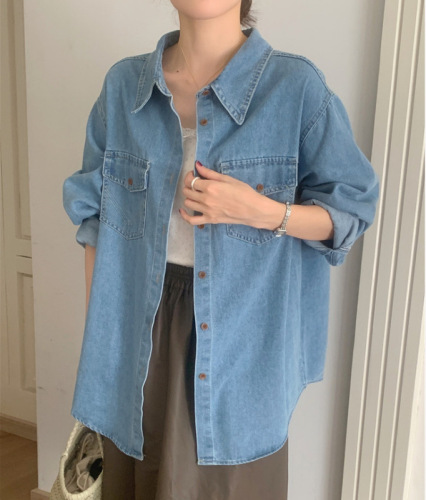 Korean style washed pocket style long-sleeved denim shirt for women spring and autumn casual loose mid-length shirt jacket