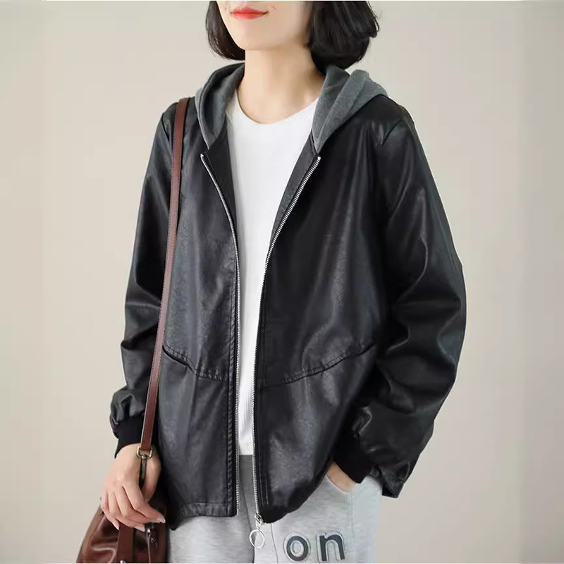 Contrast color hooded leather jacket for women, simple retro Korean version, versatile, loose, slim, casual and elegant jacket